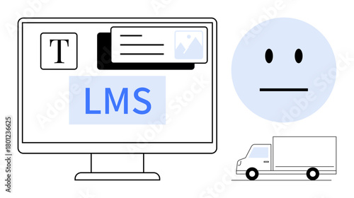 Computer monitor displaying LMS content, text, and media, accompanied by a neutral face indicator and a delivery truck. Ideal for education, e-learning, logistics, simplicity, minimalism technology