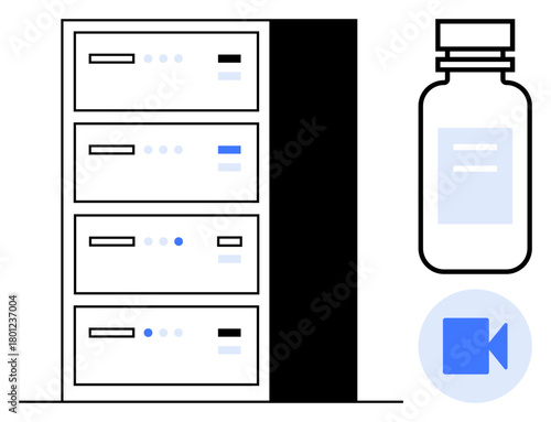 Data server rack with a medical vial and video icon suggesting healthcare technology, data storage, telemedicine, digital communication, research, and innovation. Ideal for health-tech themes