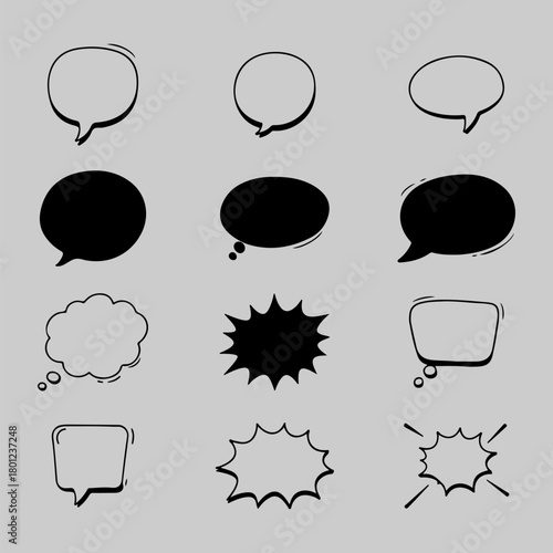 Set of Doodle Hand Drawn Black Comic Speech Bubbles and Explosive Shapes