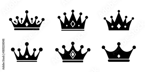 Set of Six Black Silhouette Royal King and Queen Crown Icons Collection