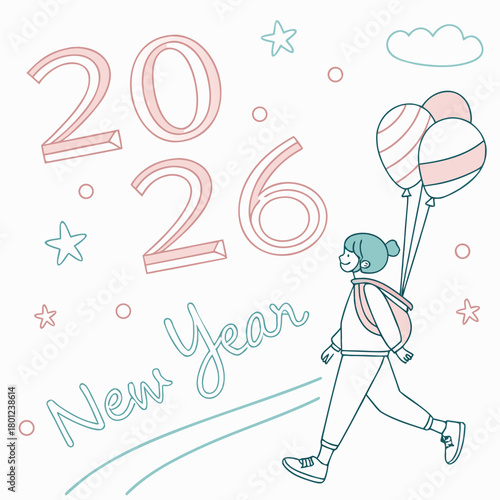 Valentine's Day love illustration with a boy, girl, heart, balloon, and flowers in a fun cartoon style