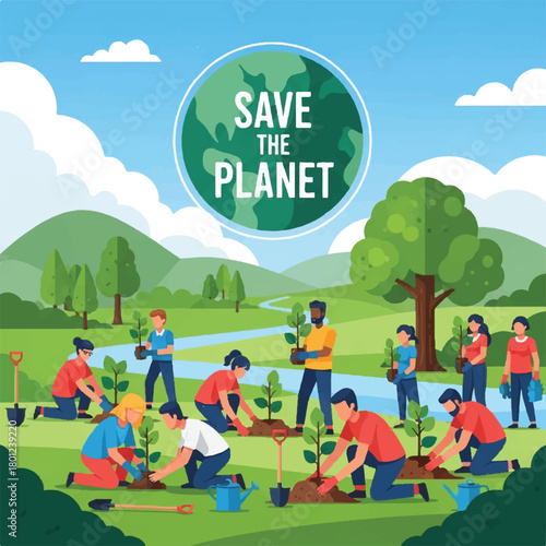 Vibrant volunteers clean up a park to save the planet and protect the environment.