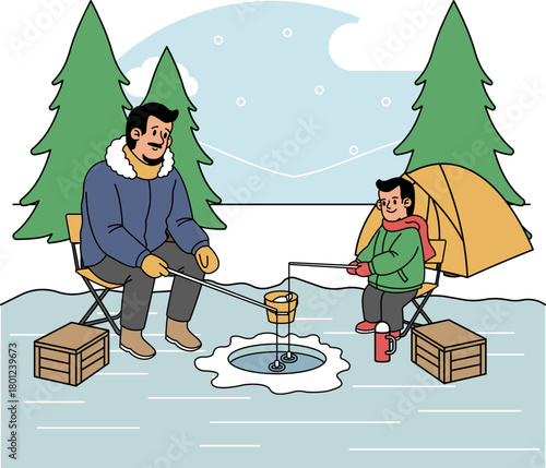 ice fishing in a Winter illustration.