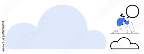 Man kneeling with magnifying glass examining cloud elements, symbolizing data analysis and cloud computing. Ideal for technology, research, security, analytics, innovation, storage, and networks
