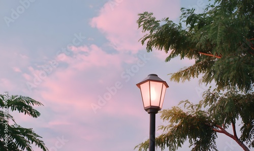 Fototapeta Naklejka Na Ścianę i Meble -  a street lamp is shining brightly, with pink clouds in the sky and green trees on both sides of it