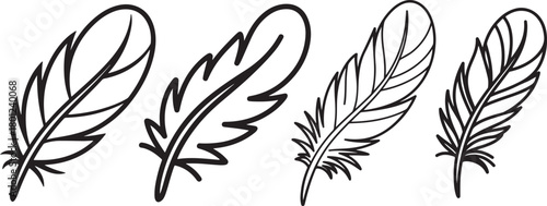 Set of Feather Line Art Illustration, Coloring Book Page Line Art Drawing