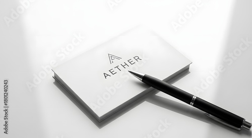 Wallpaper Mural A sleek black pen resting on a white notepad with the word AETHER printed on it, set against a clean, minimalistic background for a modern and professional aesthetic Torontodigital.ca