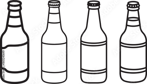 Set of Beer Bottle Line Art Illustration, Coloring Book Page Line Art Drawing
