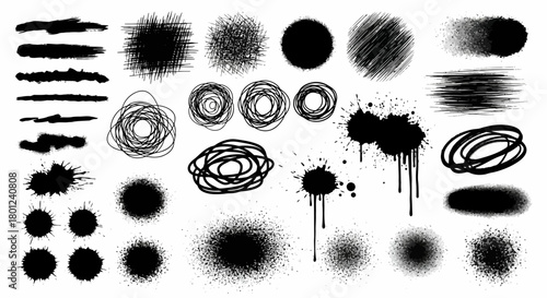 Collection of Black Ink Brush Strokes and Splatters for Graphic Design