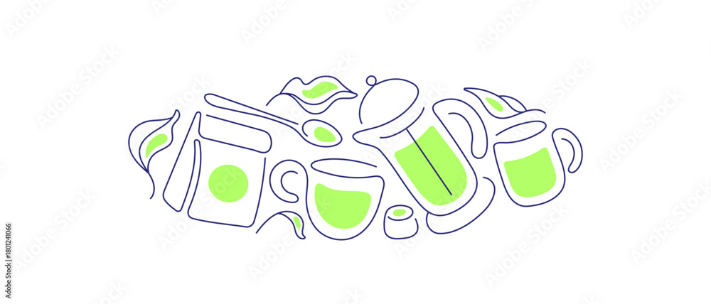 Fototapeta premium Matcha emblem. Green tea. Line of cup Fresh leaves