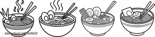 Set Of Ramen Bowl Line Art Illustration, Coloring Book Page Line Art Drawing