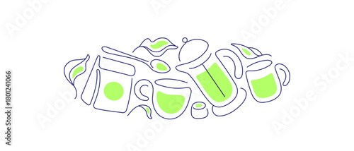 Matcha emblem. Green tea. Line of cup Fresh leaves