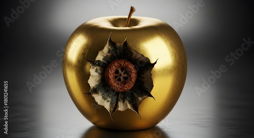 A striking image of a golden with a burnt, blackened core exposed, creating a contrast between luxury and decay in a minimalist setting