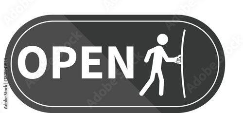 Open sign with stick figure pushing door entrance icon vector