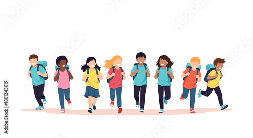 Happy and energetic diverse elementary school children, wearing backpacks, run together towards an adventure.