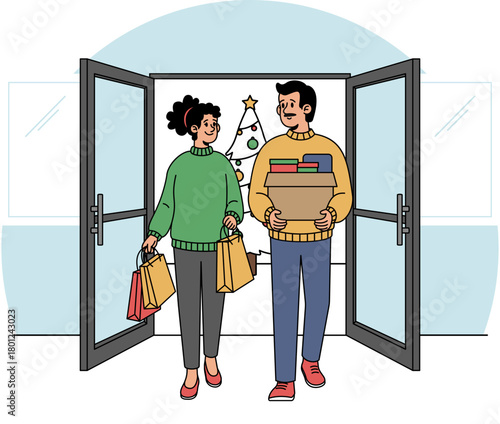 Family christmas shopping (Dad, Mom, Boy and girl) illustration.