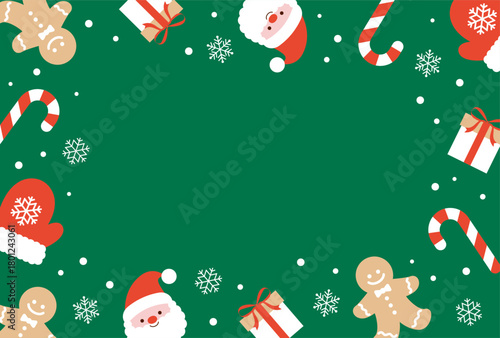 Christmas vector background with santa claus, gingerbread, gift box, candy cane and mittens