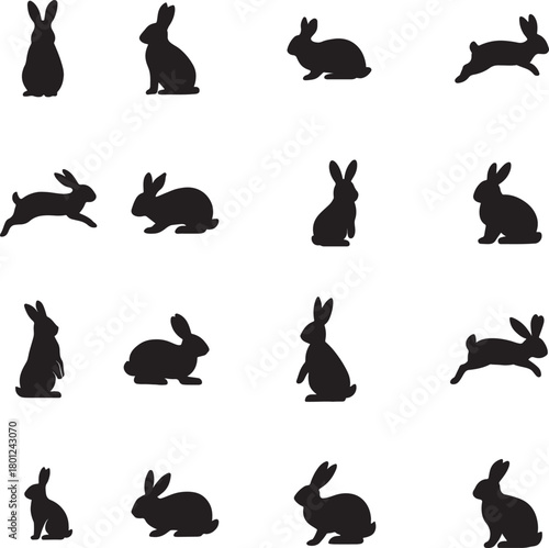 Rabbit and Bunny Silhouettes in Various Poses - Vector Set