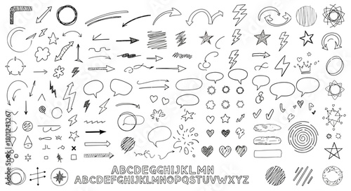 Hand-drawn elements and symbols for design, including arrows, speech bubbles, and decorative shapes
