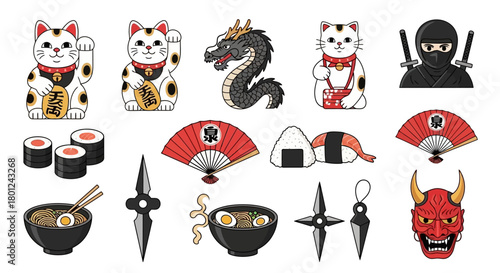 Japanese Culture Icons Cat, Dragon, Ninja, Food, Fans – Vector Illustration Set