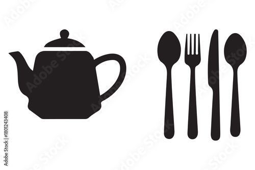 Black silhouette of a teapot next to a fork spoon and knife isolated on white background
