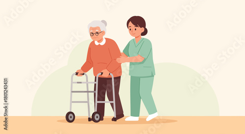 Elderly Woman Receives Assistance While Walking With a Walker Device