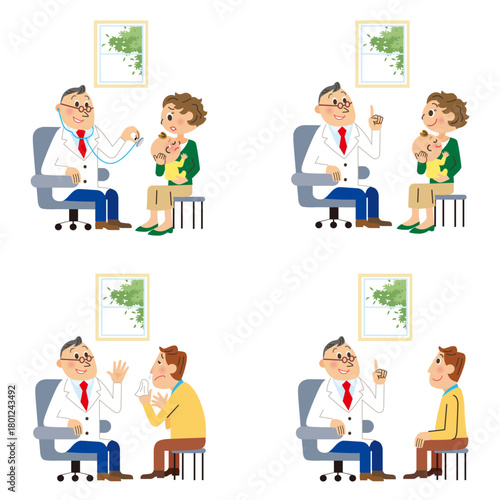 治療室で病気の診断をしてもらう親子と男性