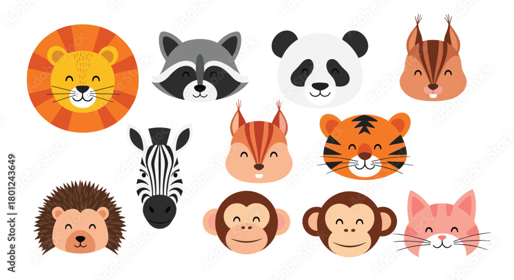 Obraz premium A delightful collection of cute cartoon animal faces, featuring various wildlife animals in a simple, friendly style, perfect for children's designs.
