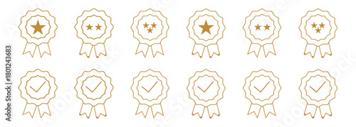 premium quality text product, for use on your product label. Gold silver bronze medals with ribbon set illustration. Golden stamp with ribbons isolated on white background. 