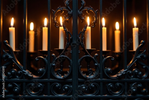 Victorian Era Intricate Flame Motif Ornate Metalwork Candlelight An extremely detailed close up of an ornate Victorian wrought iron gate featuring intricate flame motifs and swirling tendrils,