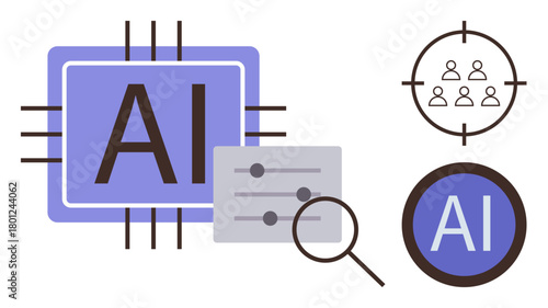Purple microchip design labeled AI, adjustable slider panel, magnifier, and user data targets. Ideal for technology, machine learning, innovation, coding, automation research digital processes