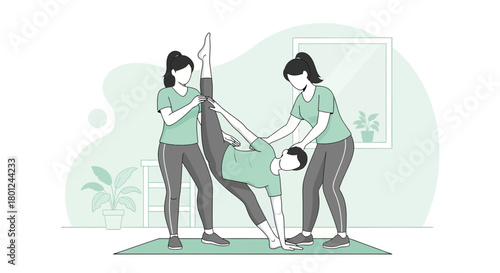 Gymnasts Performing Split Exercises With Guidance and Assistance in Modern Fitness Studio