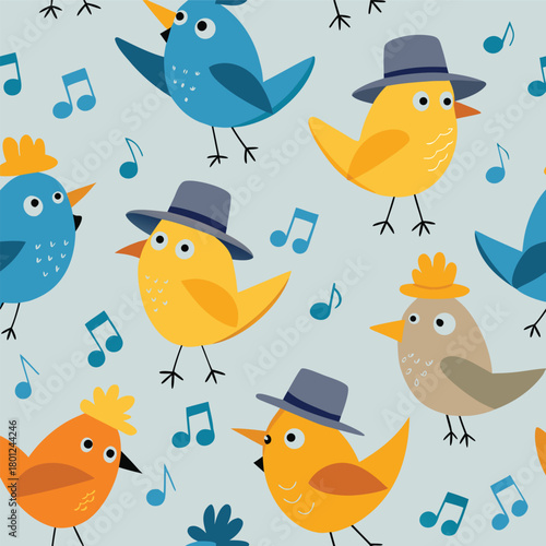 Cute cartoon bird icons set illustration with a seamless nature pattern design