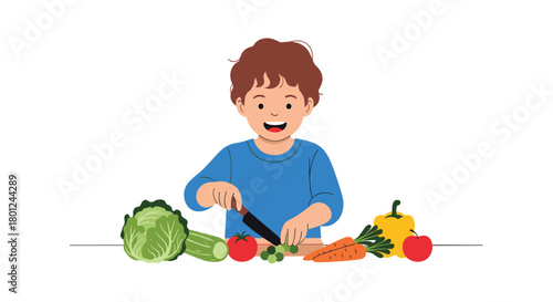 A happy young boy enjoys learning to prepare a healthy meal by cutting fresh vegetables and fruits on a white background.