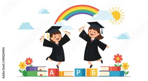 Joyful young graduates celebrate academic success in caps and gowns, jumping happily with diplomas amidst books, a rainbow, and sunshine.