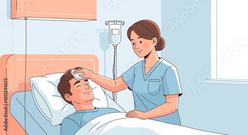 Hospital Caregiver Assisting Patient, Providing Comfort and Medical Treatment Illustration