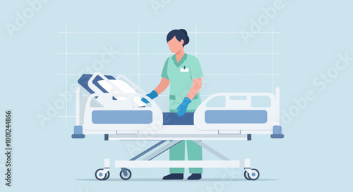 Hospital Hygiene: A Nurse Disinfecting a Bed in a Clinical Environment Illustration