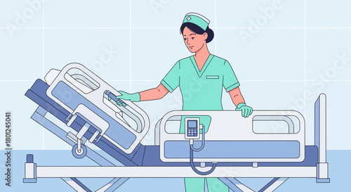 Hospital Nurse Adjusts Patient Bed Ensuring Comfort and Wellbeing In Healthcare Setting