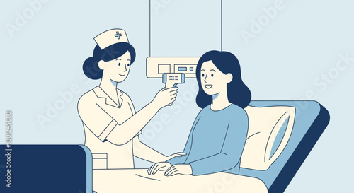 Hospital Nurse Checks Temperature of a Patient Using a Non-Contact Thermometer Illustration