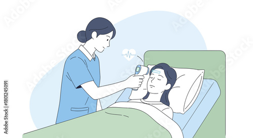 Hospital Nurse Checks Patient's Temperature with Digital Thermometer For Diagnosis
