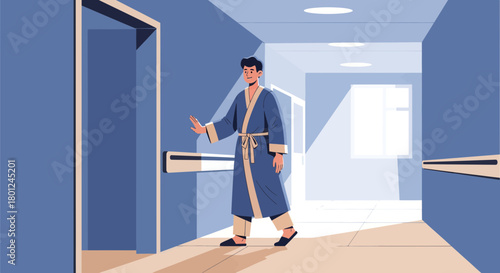 Hospital Patient In Robe Walking Down The Hallway, Leaving The Room.