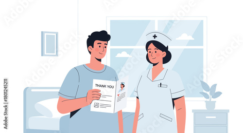 Hospital Patient Showing Gratitude With Nurse In A Modern Medical Setting Illustration