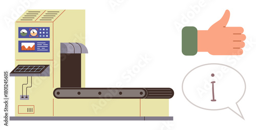 Automated conveyor belt system with control panel, approved product represented by a thumbs-up, speech bubble with i. Ideal for manufacturing, automation, quality check, production, industry, product