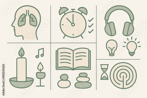 Visual representation of mindfulness practices featuring breathing techniques, time management tools, cognitive focus, meditation symbols, and relaxation methods illustrating well being