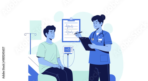 Medical Consultation Illustration Depicting Healthcare, Patient Interaction, And Diagnostic Process