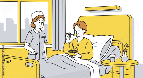 Hospital Scene Depicting Patient Being Fed by a Smiling Nurse With Kindness