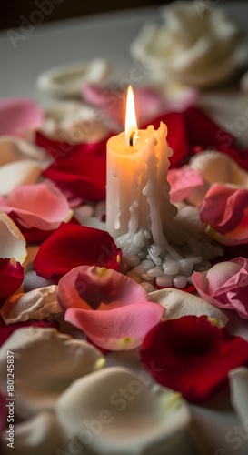 A lit candle surrounded by scattered rose petals and broken shells creating a romantic and serene atmosphere
