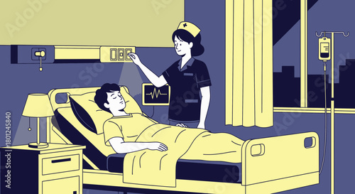 Hospital Scene Depicting Patient Care, Nurse Monitoring a Vital Signs Monitor and Adjusting Bed