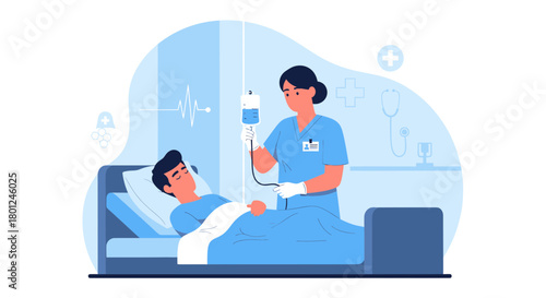 Hospital Treatment and Patient Care: Nurse Administering Intravenous Fluids