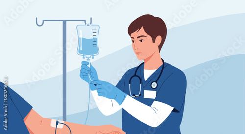 Hospital Treatment: Healthcare Professional Administering IV Drip Medication To A Patient